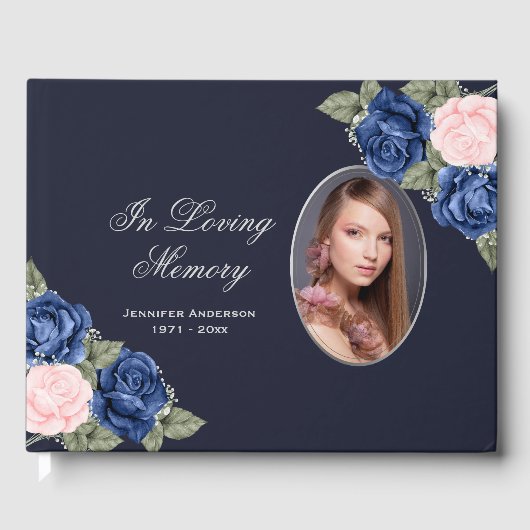 Blue Pink Silver Floral Foto Memorial Gastenboek (Voorkant)