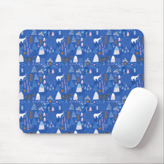 Blue Pink Snowy Happy Winter Forest Beer Bunny Muismat