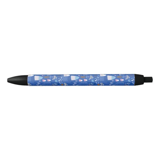 Blue Pink Snowy Happy Winter Forest Beer Bunny Zwarte Inkt Pen (Voorkant)