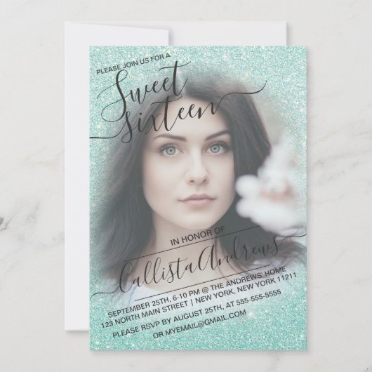 Blue Pink Sparkly Glitter Ombre Photo Sweet 16 Kaart (Voorkant)