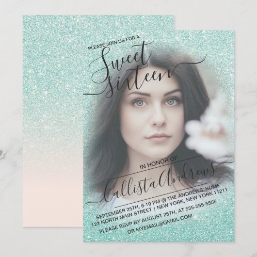 Blue Pink Sparkly Glitter Ombre Photo Sweet 16 Kaart (Voorkant / Achterkant)