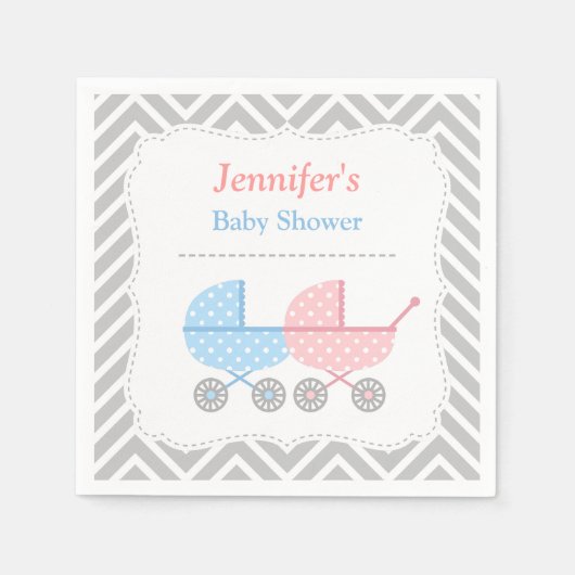 Blue Pink Strollers Twins Baby shower Leveringen Servetten (Voorkant)