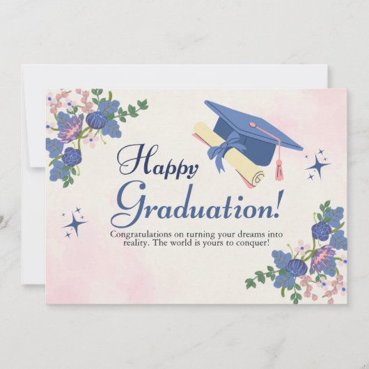 Blue Pink Sweet Flower Happy Afstuderen Aankondiging (Voorkant)