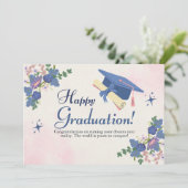 Blue Pink Sweet Flower Happy Afstuderen Aankondiging (Staand voorkant)