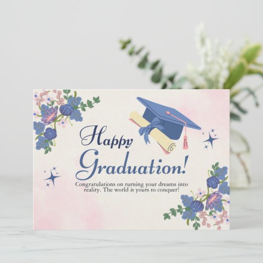 Blue Pink Sweet Flower Happy Afstuderen Aankondiging (Staand voorkant)