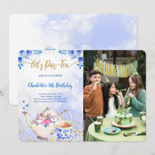 Blue & Pink Tea Party Verjaardag Foto uitnodiging