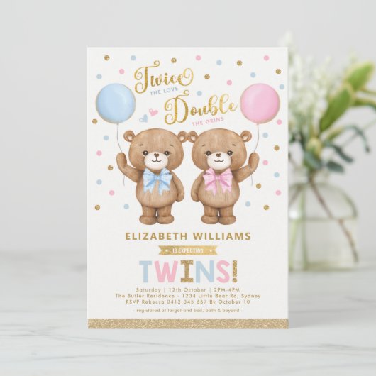 Blue Pink Teddy Bear Boy Girl Twins Baby shower Kaart (Staand voorkant)