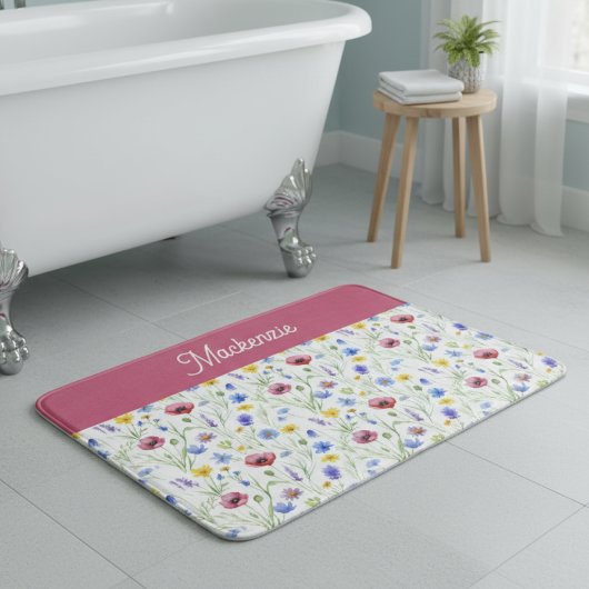 Blue Pink Watercolor Wildflower Monogram Badmat