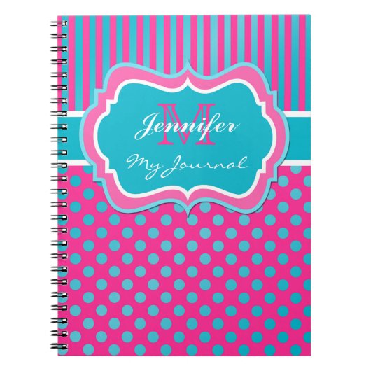 Blue Pink White Polka Dot Striped Journal Notitieb Notitieboek (Voorkant)