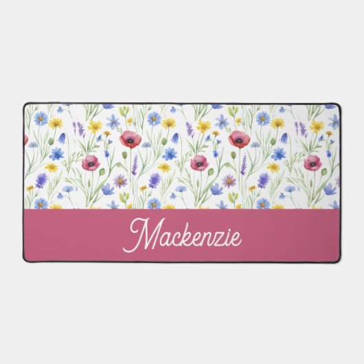 Blue Pink Wildflower Botanical Custom Name Bureaumat (Voorkant)