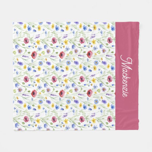 Blue Pink Wildflower Botanical Custom Name  Fleece Deken (Voorkant (Horizontaal))