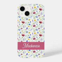Blue Pink Wildflower Botanical Custom Name  iPhone 14 Hoesje