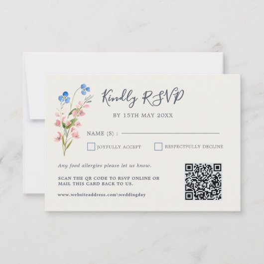 Blue Pink Wildflowers Response Card RSVP Kaartje (Voorkant)