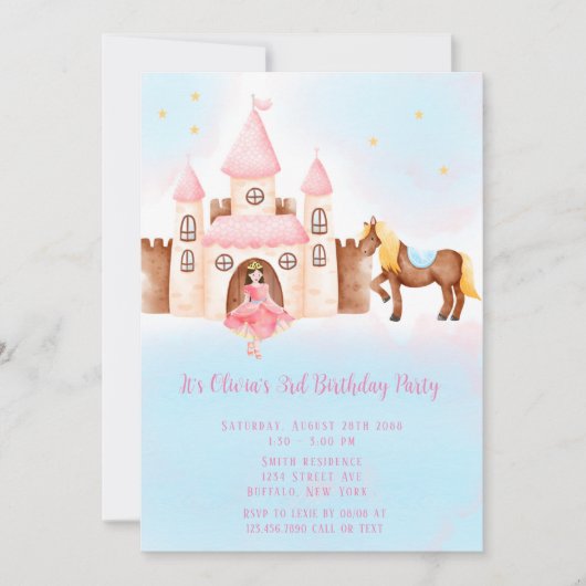 Blue PinkPrincess Castle Horse Birthday Party Kaart (Voorkant)