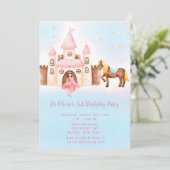 Blue PinkPrincess Castle Horse Birthday Party Kaart (Staand voorkant)