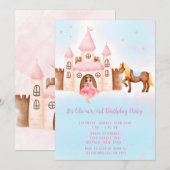 Blue PinkPrincess Castle Horse Birthday Party Kaart (Voorkant / Achterkant)