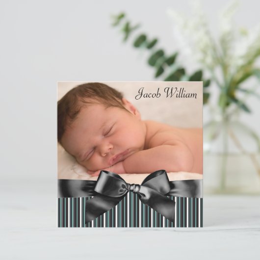 Blue Pinstripe Baby Boy Foto Aankondiging Geboorte (Staand voorkant)