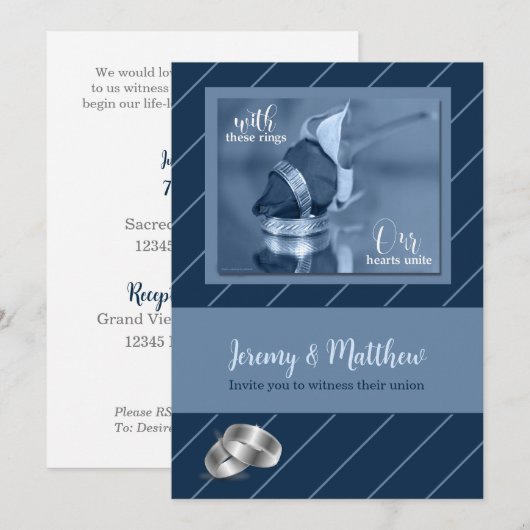 Blue Pinstripe Gay Wedding Invitation Kaart (Voorkant / Achterkant)