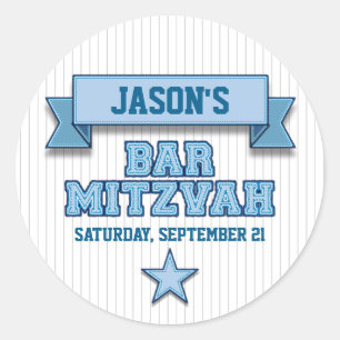 Blue Pinstripe Sport Tackle Bar Mitzvah RSVP Ronde Sticker