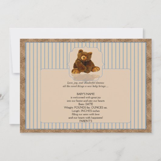 Blue Pinstripe Teddy Bear Baby Mededeling Aankondiging (Voorkant)