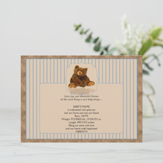 Blue Pinstripe Teddy Bear Baby Mededeling Aankondiging (Staand voorkant)