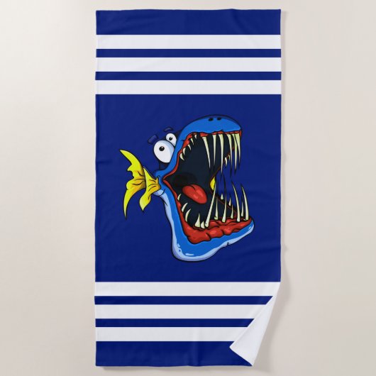 Blue Piranha Fish op Navy Blue en White Stripes Strandlaken (Voorkant)