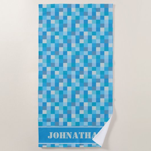 Blue Pixelated Pattern Gamer | Gepersonaliseerd Strandlaken (Voorkant)