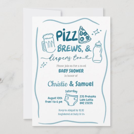 Blue Pizza, Brouwen en Luiers Co-Ed Baby shower Kaart (Voorkant)