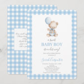 Blue plaid and Bear Baby Shower Boy Kaart (Voorkant / Achterkant)