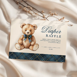 Blue Plaid Bear Baby Shower Diaper Raffle Informatiekaartje