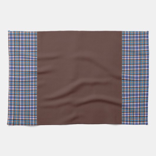 Blue Plaid Borders on Brown Theedoek (Horizontaal)