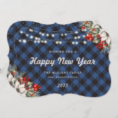 Blue Plaid Botanical String Lights New Year Card Feestdagenkaart (Voorkant / Achterkant)
