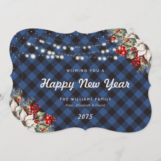 Blue Plaid Botanical String Lights New Year Card Feestdagenkaart (Voorkant / Achterkant)