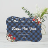 Blue Plaid Botanical String Lights New Year Card Feestdagenkaart (Staand voorkant)