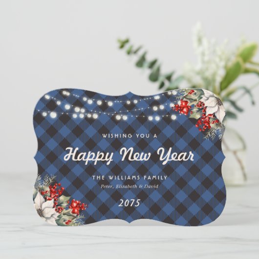 Blue Plaid Botanical String Lights New Year Card Feestdagenkaart (Staand voorkant)