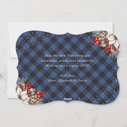 Blue Plaid Botanical String Lights New Year Card Feestdagenkaart (Achterkant)