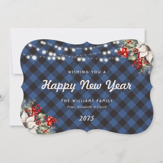Blue Plaid Botanical String Lights New Year Card Feestdagenkaart (Voorkant)