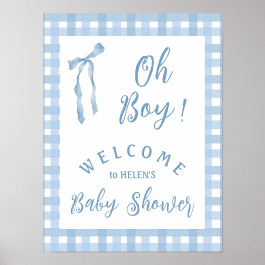 Blue plaid bow boys baby shower welkomstbord poster (Voorkant)