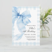 Blue Plaid Bow Verjaardag Uitnodiging (Staand voorkant)