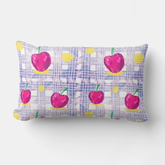 Blue Plaid Cherry Kussen (Voorkant)