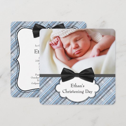 Blue Plaid Christening Kaart (Voorkant / Achterkant)