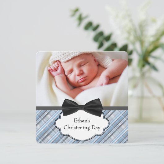 Blue Plaid Christening Kaart (Staand voorkant)