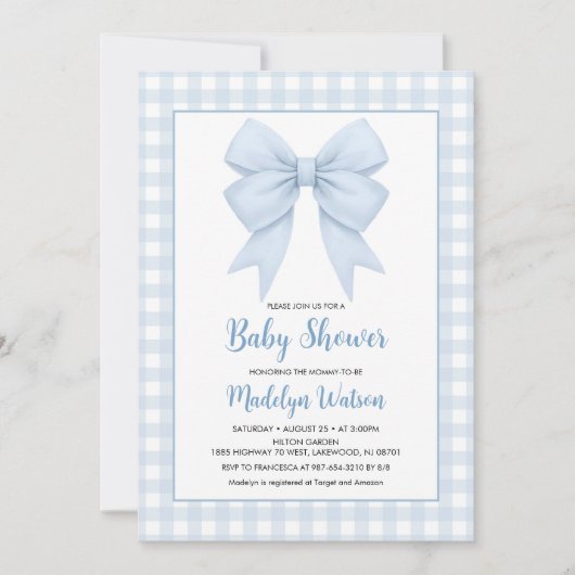 Blue Plaid en Blue Bow Baby shower Kaart (Voorkant)