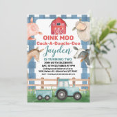 Blue Plaid en Tractor Boerderij Verjaardagsuitnodi Kaart (Staand voorkant)