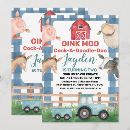 Blue Plaid en Tractor Boerderij Verjaardagsuitnodi Kaart (Voorkant / Achterkant)