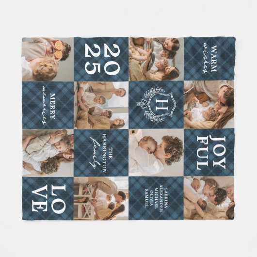 Blue Plaid Family Monogram 8 Photo Christmas Fleece Deken (Voorkant (Horizontaal))