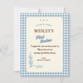 Blue Plaid First Rodeo Western 1st Birthday Bedankkaart (Voorkant)