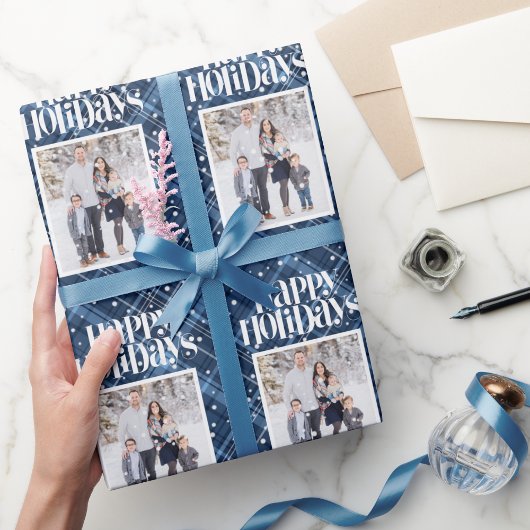 Blue Plaid Gingham Aangepaste Foto Kerstvakantie Cadeaupapier