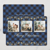 Blue Plaid Gold Holly 3 Foto Vrolijk Kerstfeest Ka Feestdagenkaart (Voorkant / Achterkant)