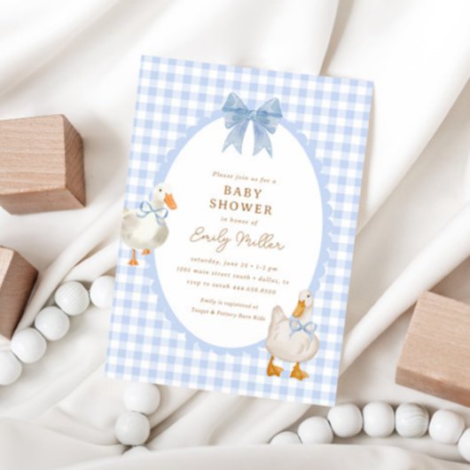 Blue Plaid Goose Duck Coquette Baby shower Kaart